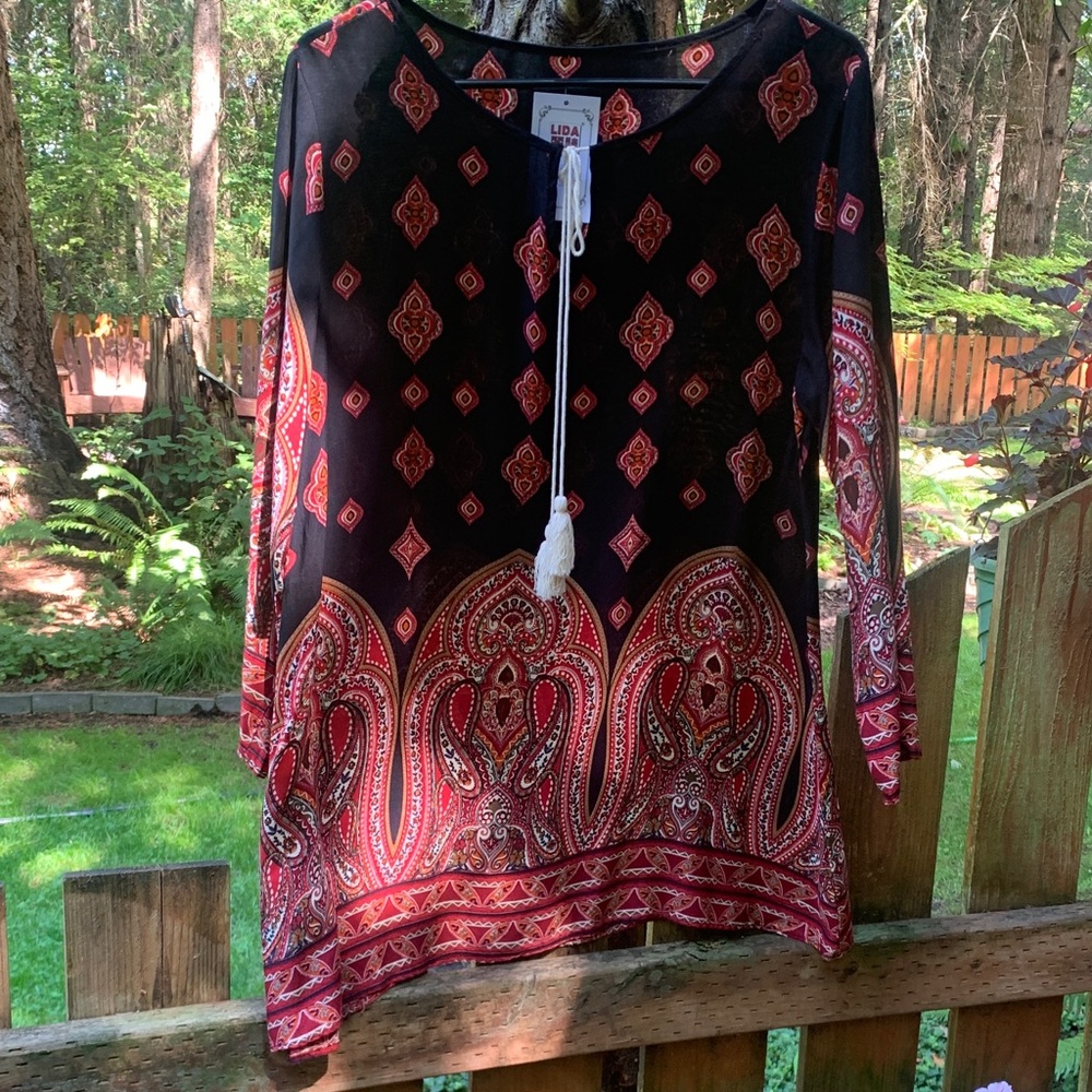 Lida Collection Black and Red Paisley Women's Dress or Tunic top  NWT